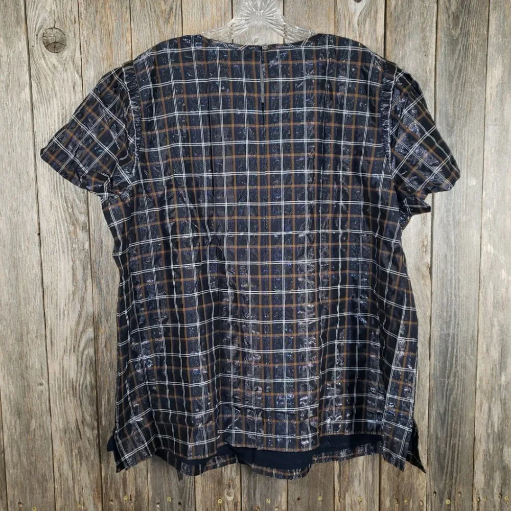 NEW Loft 18W Blue Shimmer Plaid Ruffle Peasant Top - Picture 5 of 6